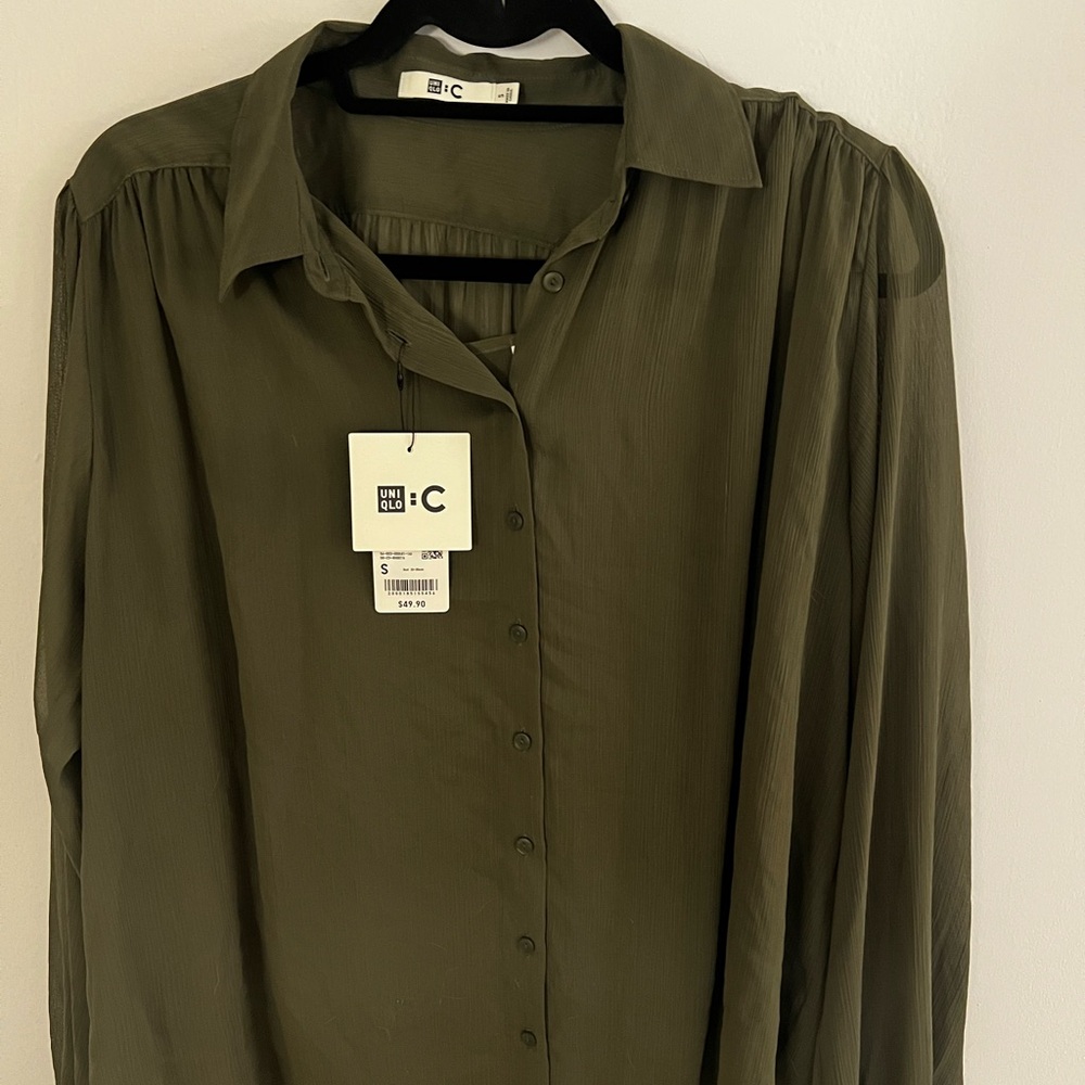Uniqlo size S - Olive Green Button Down Sheer Blouse with Attached Tanktop